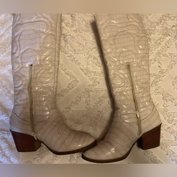 Shoes - Cream Croc-Embossed Knee-High Boots